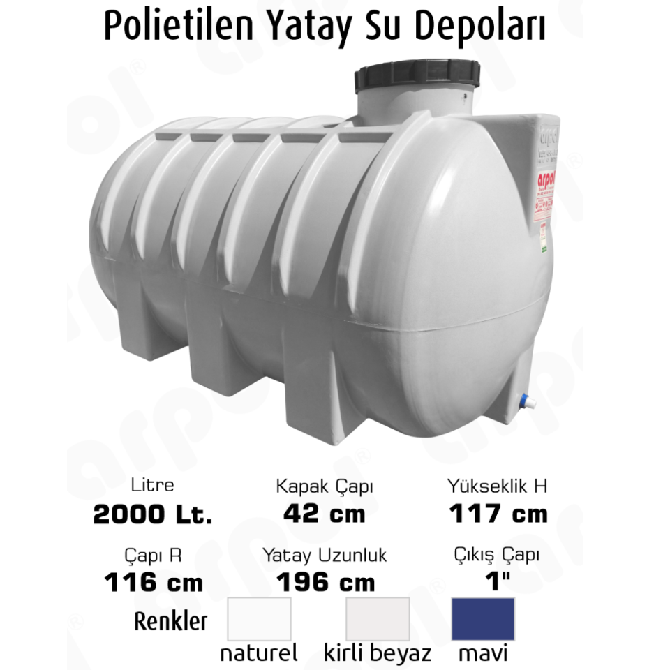SU DEPOSU YATAY 2000 LT.POLYETİLEN 116X196