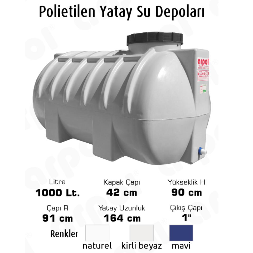 SU DEPOSU YATAY 1000 LT.POLYETİLEN 91X164