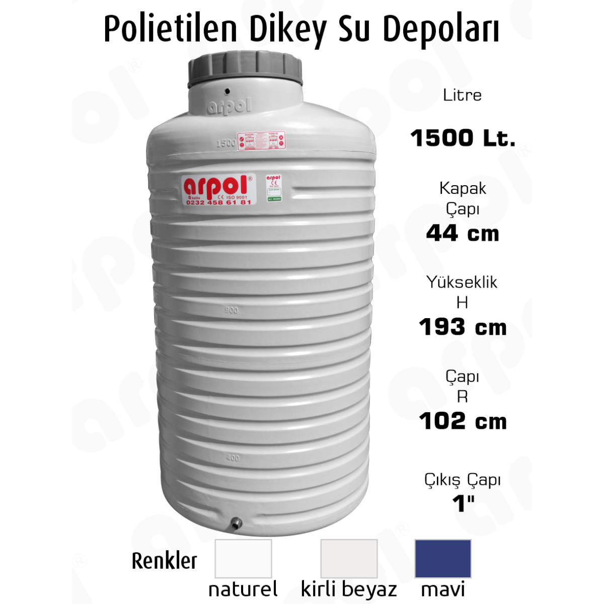 SU DEPOSU DİKEY 1500 LT. POLYETİLEN 102X193