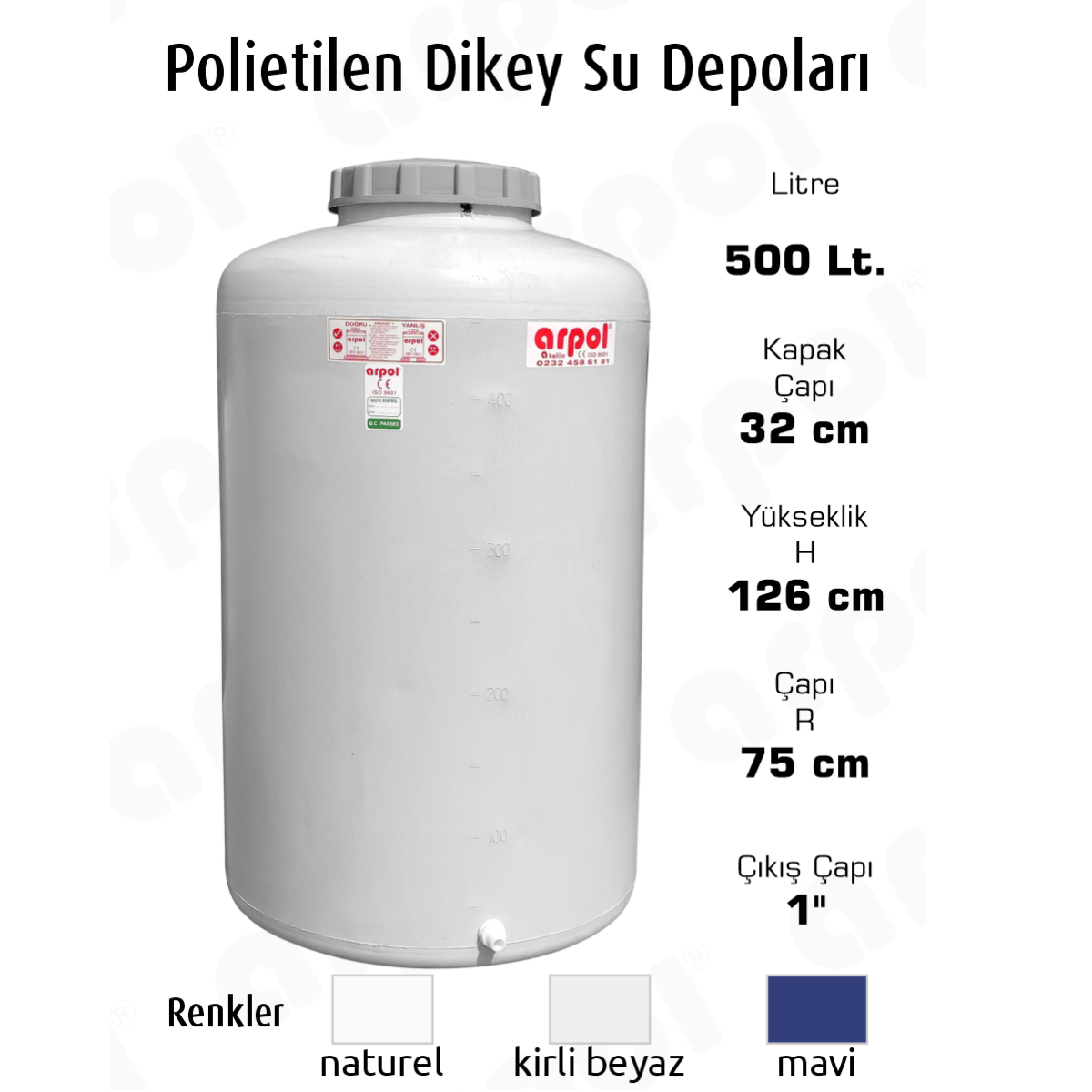 SU DEPOSU DİKEY 500 LT.POLYETİLEN 75X126
