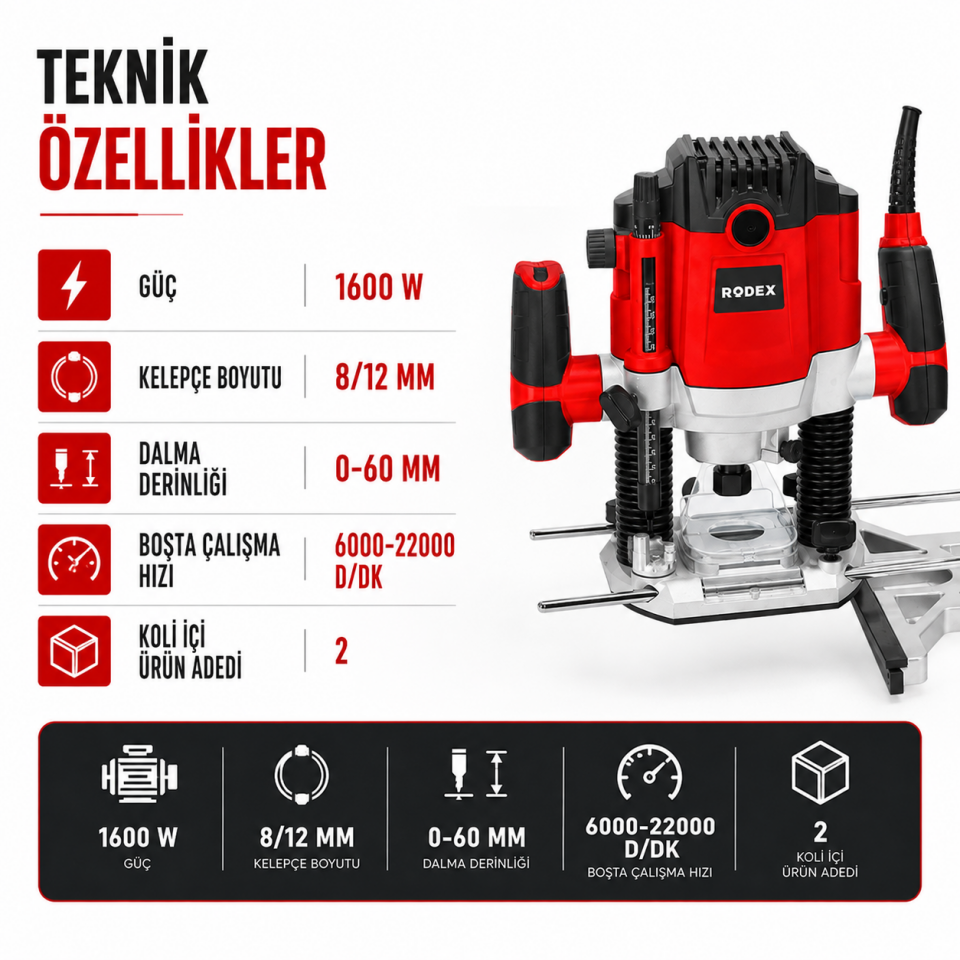 RODEX E.FREZE MAKİNESİ 8/12 MM 1600 W RDX3787