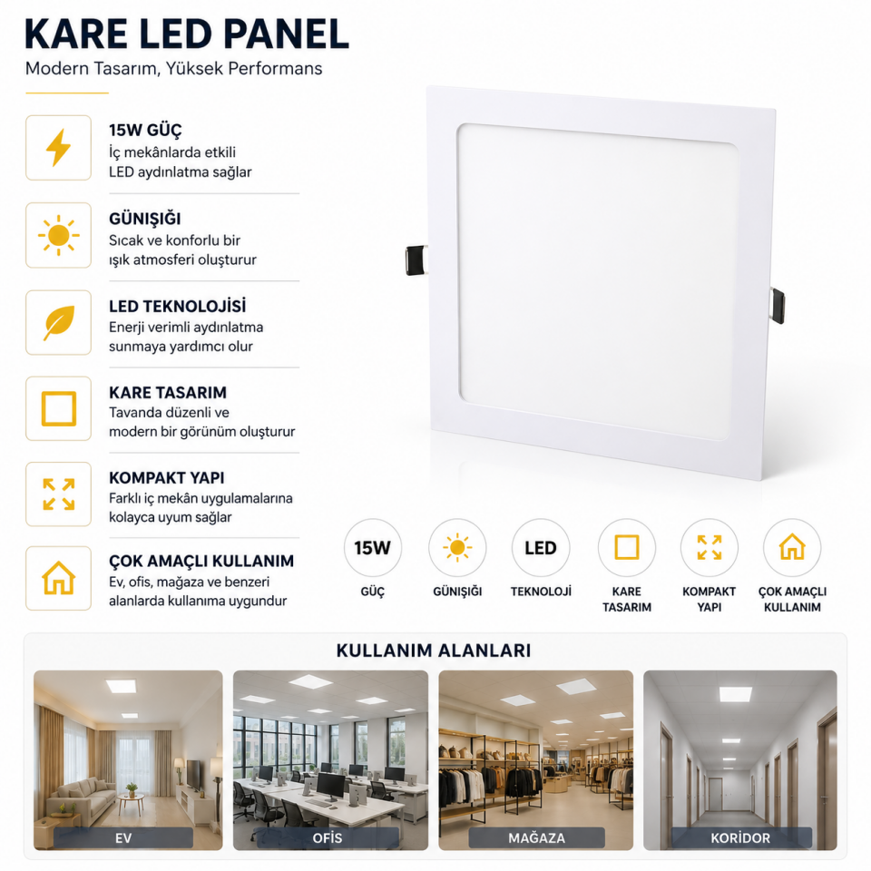 BENAR 15W LED PANEL KARE GÜNIŞIĞI