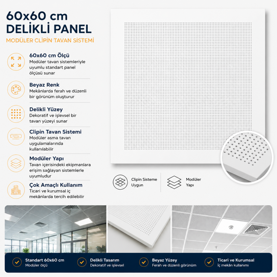 CLİPİN TAVAN KAPLAMA 60X60 BEYAZ DELİKLİ