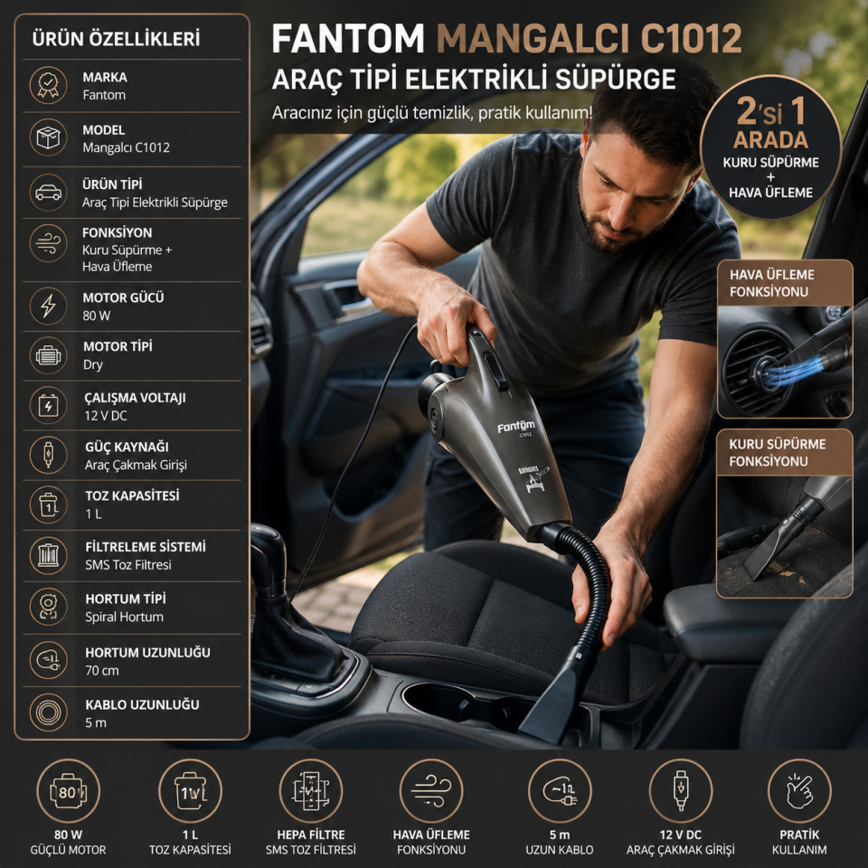 FANTOM ARAÇ TİPİ ELEKTRİKLİ SÜPÜRGE C1012