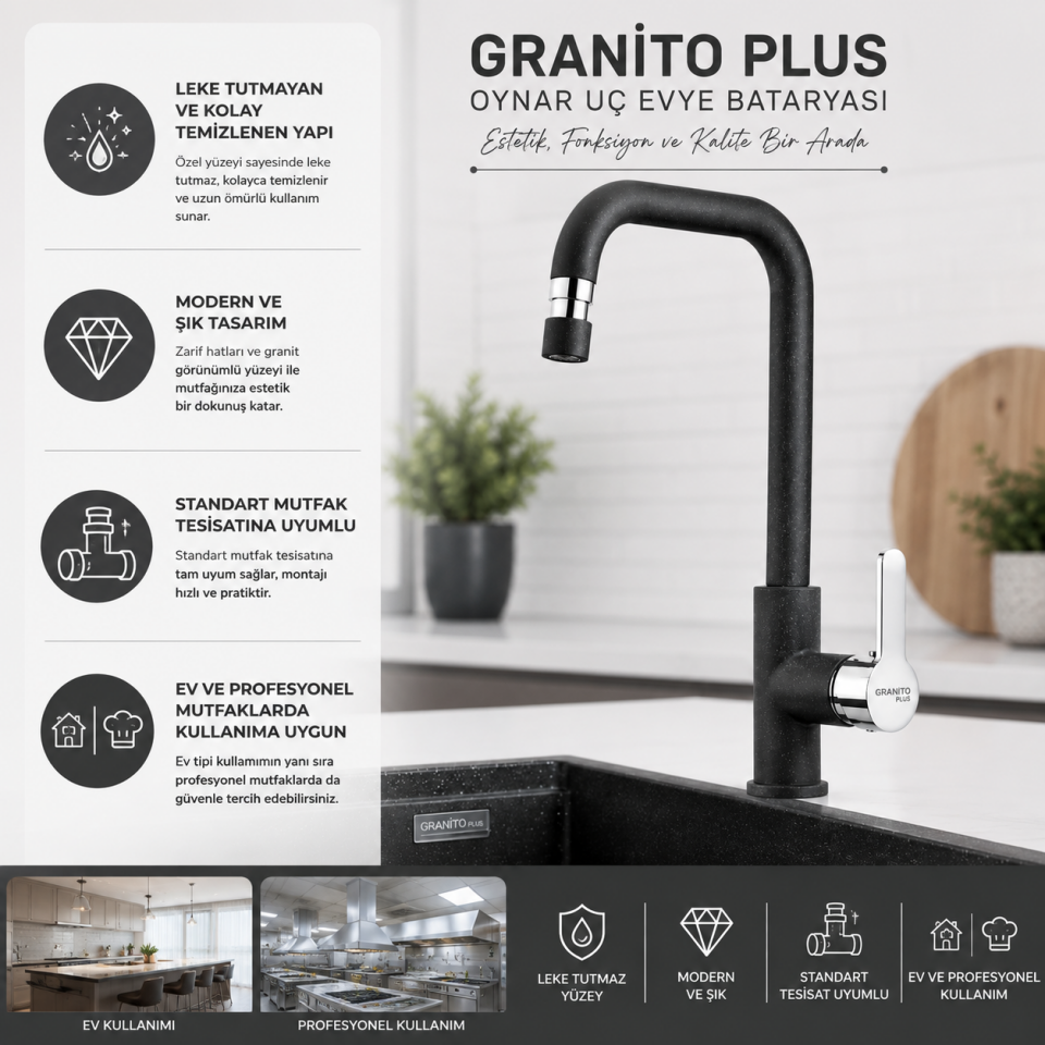 GRANİTO PLUS OYNAR UÇ EVYE BATARYASI ANTRASİT