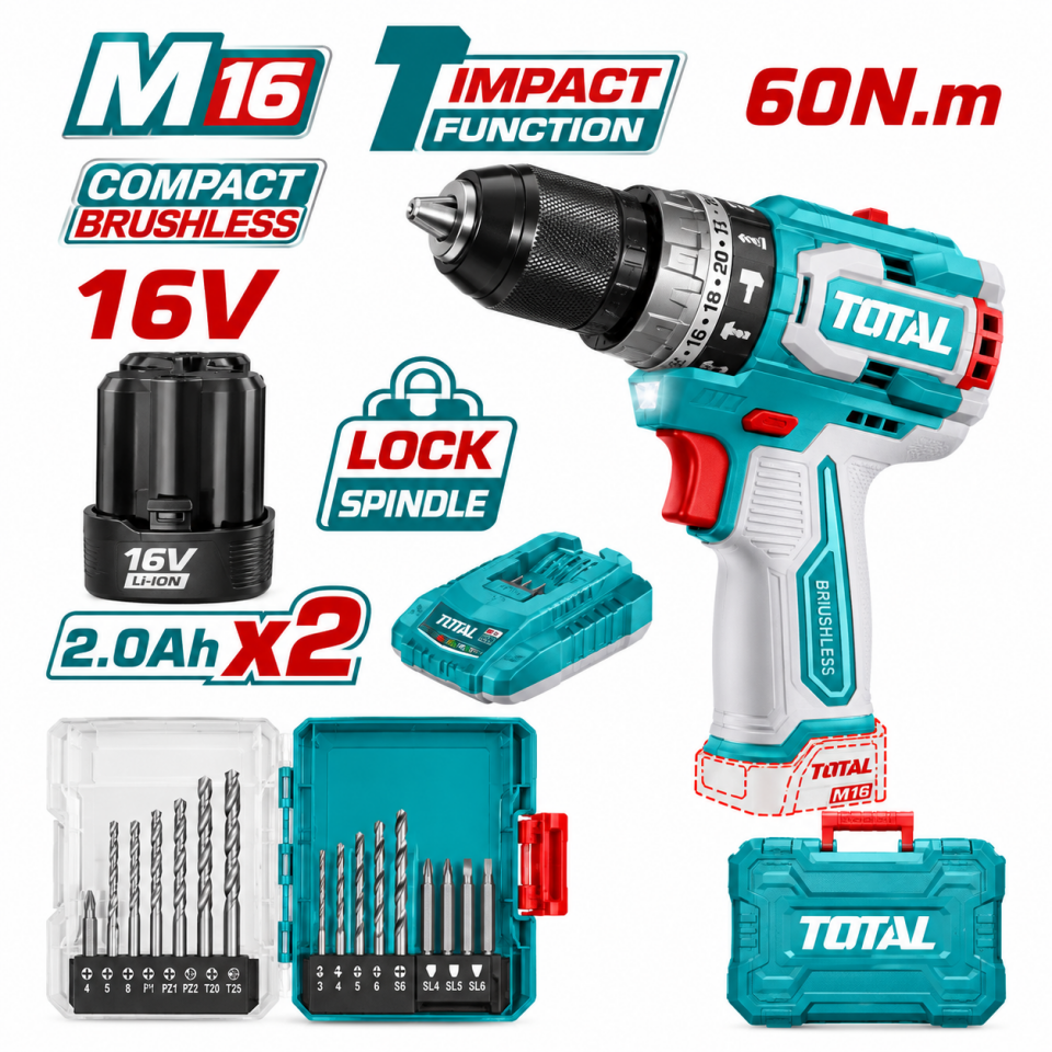 TOTAL DARBELİ MATKAP VE UÇ SETİ 16V TOSLI241199E