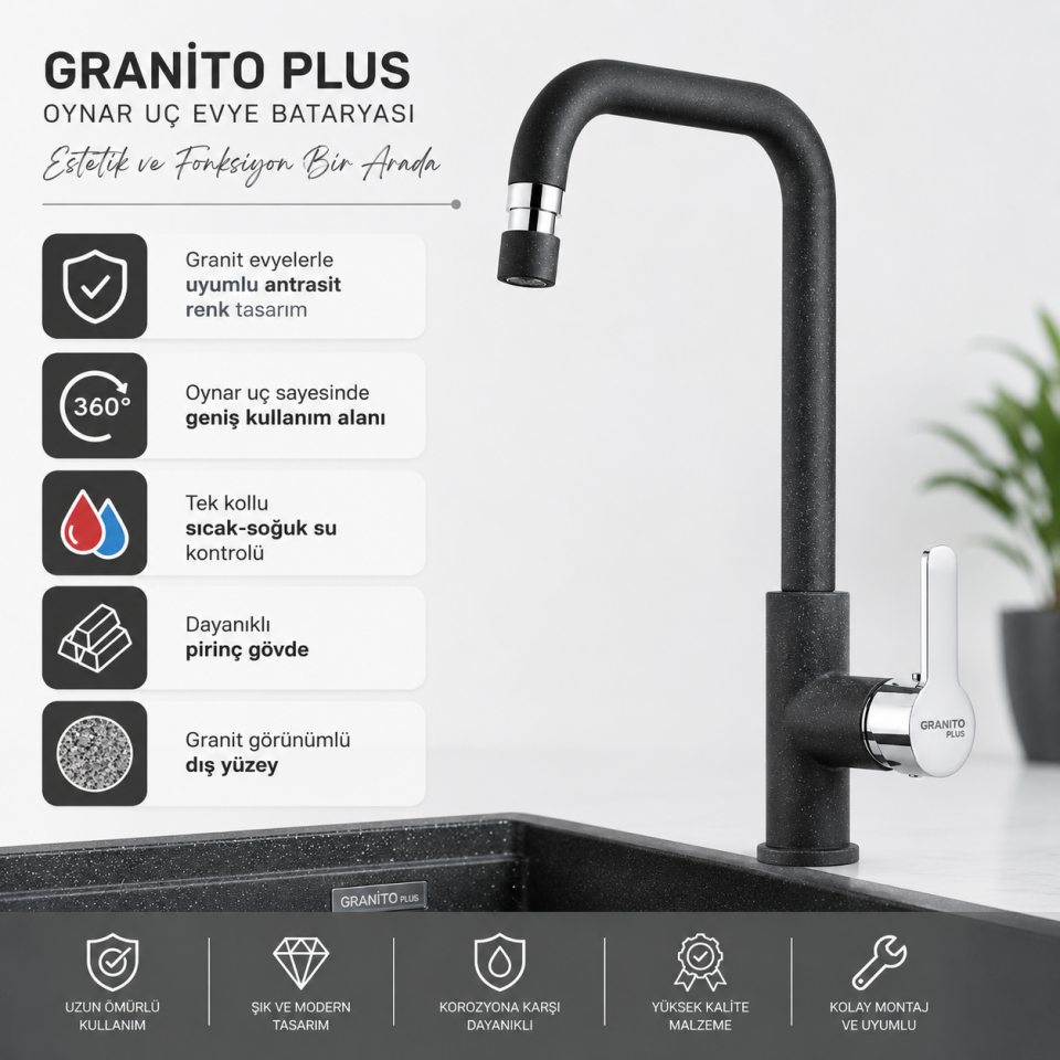 GRANİTO PLUS OYNAR UÇ EVYE BATARYASI ANTRASİT