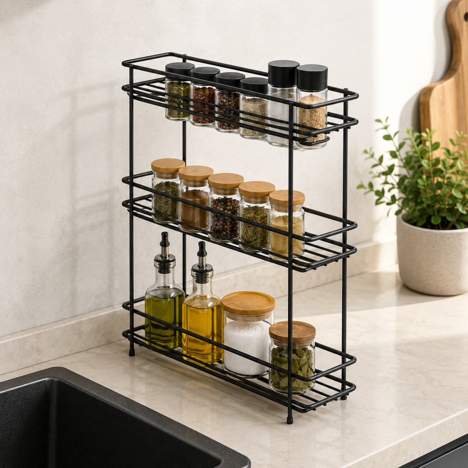 TEKNO-TEL TEZGAH ÜSTÜ 3 KATLI RAF MAT SİYAH MG-523