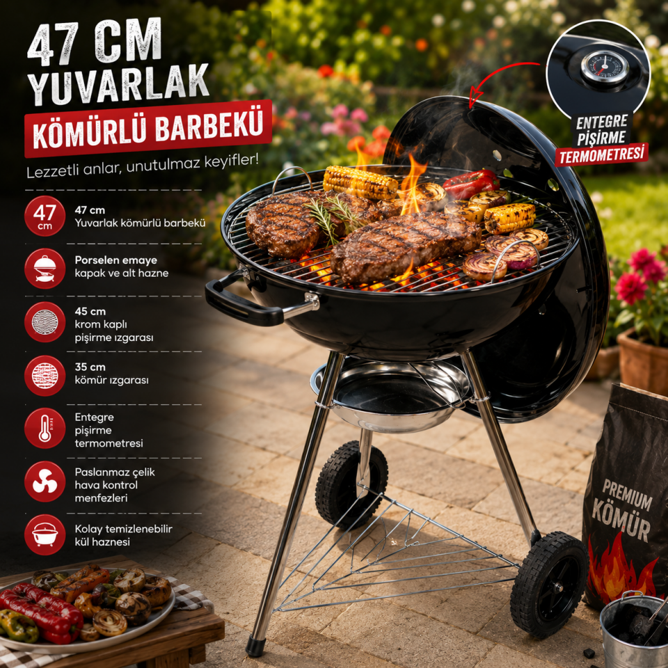 SET&GO 47 AYAKLI YUVARLAK KÖMÜRLÜ BARBEKÜ SİYAH