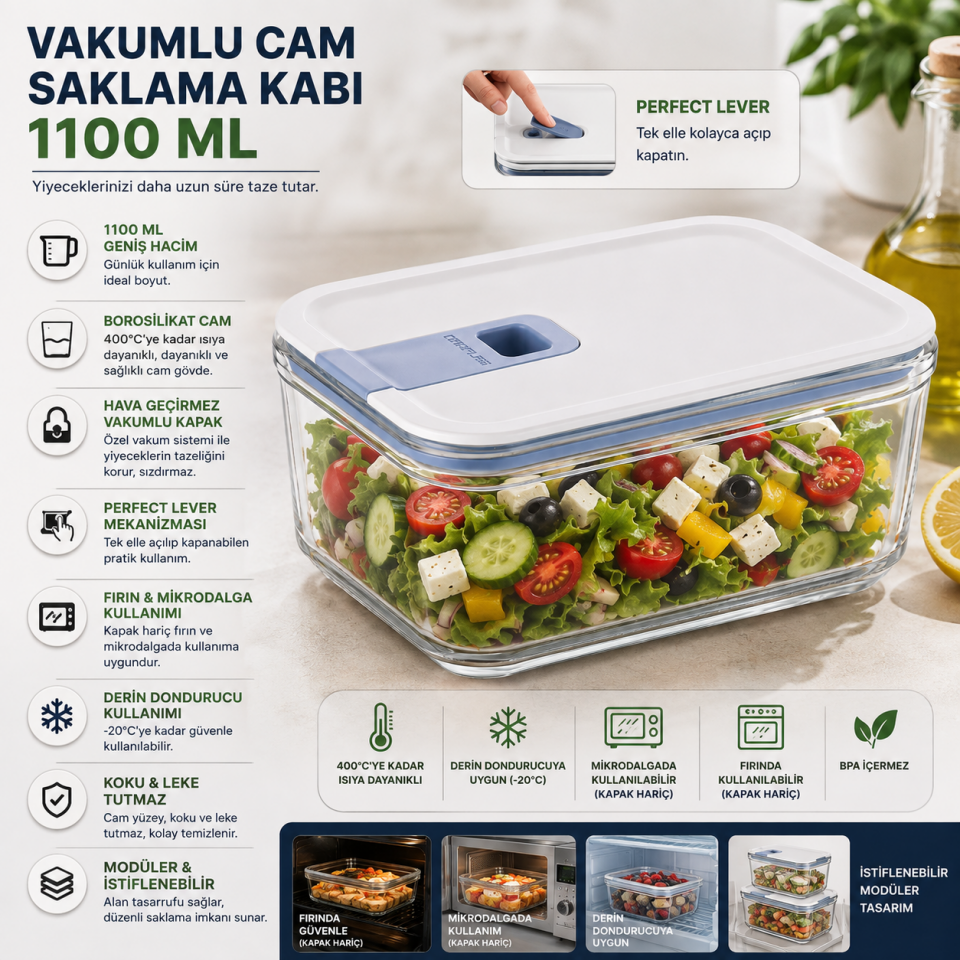 NEOFLAM VAKUMLU CAM SAKLAMA KABI 1100ML