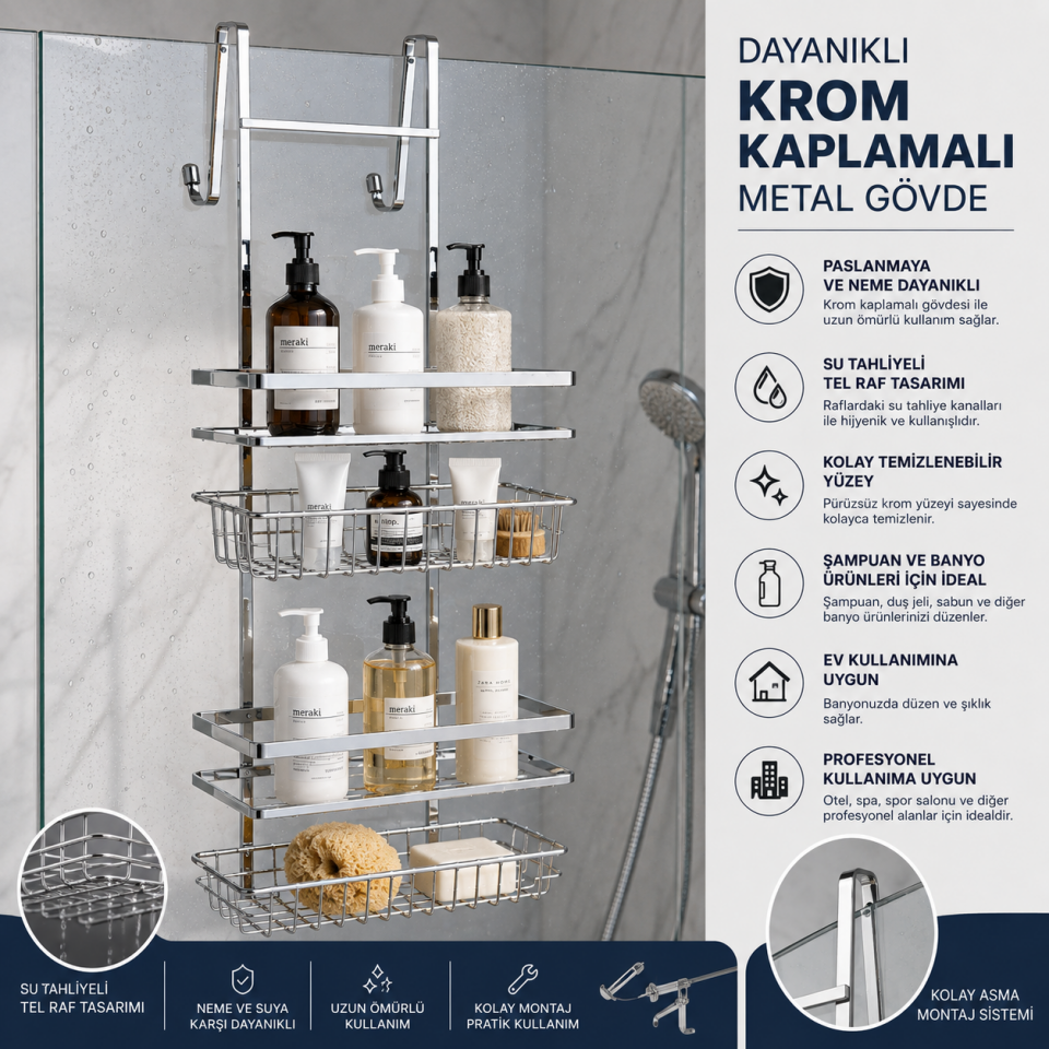 TEKNO-TEL 3 KATLI DUŞAKABİN RAFI KROM LM-580