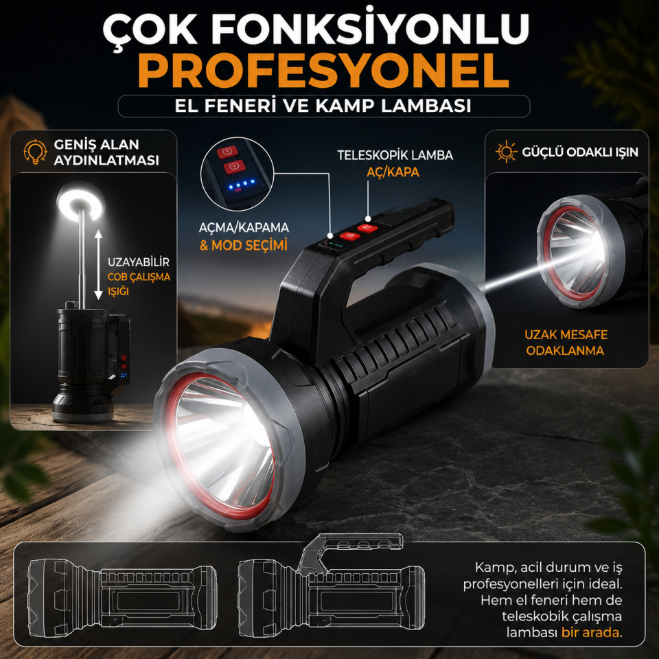 GOLD POLİCE PORTATİF 15W ŞARJLI EL FENERİ GP-610