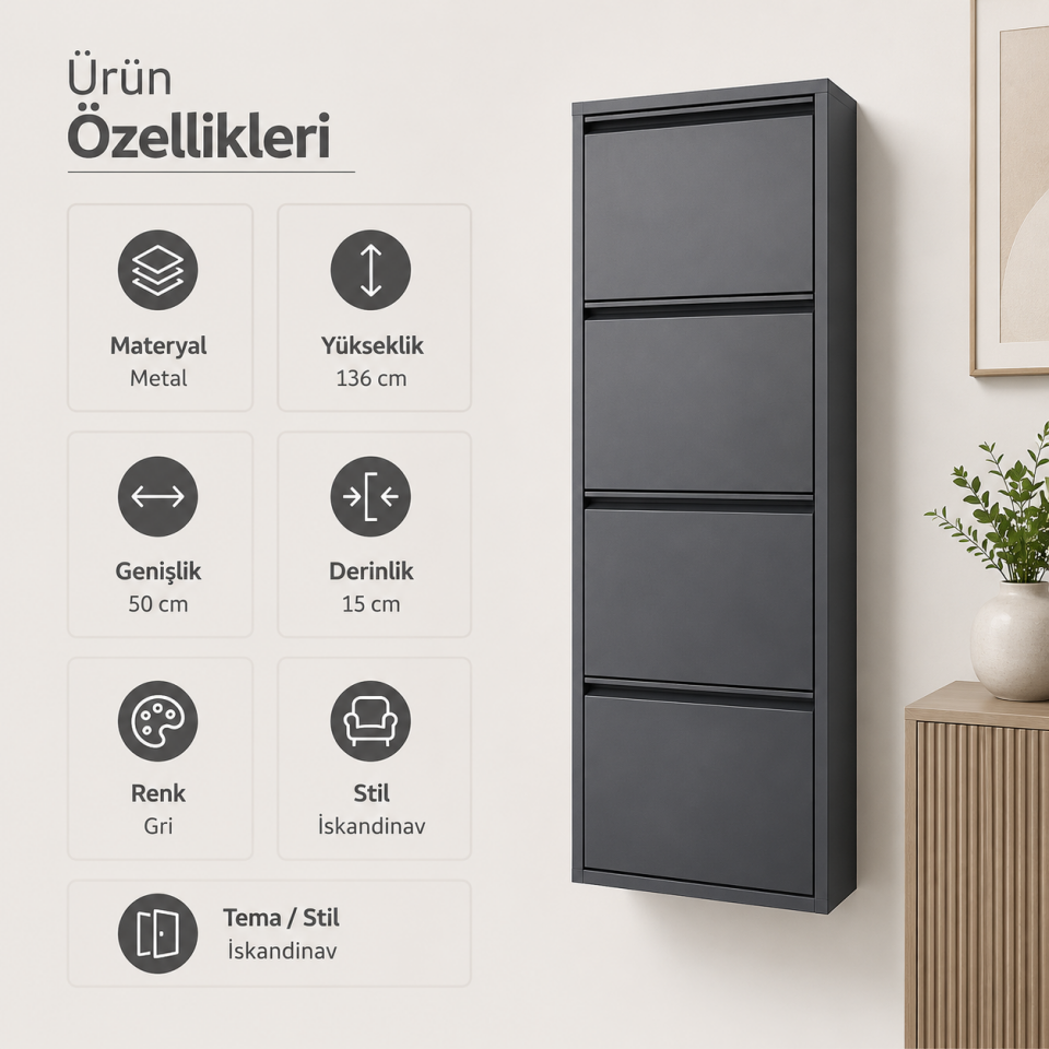 AYAKKABI DOLABI METAL DÖRTLÜ ANTRASİT