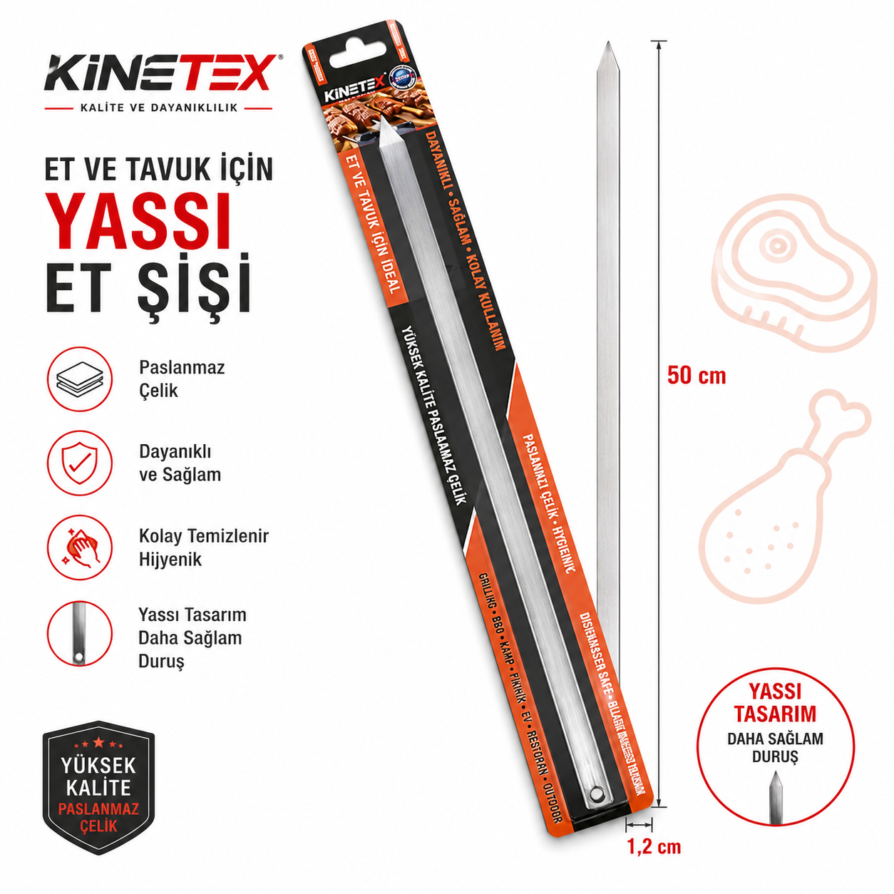 KINETEX METAL KARE ET ŞİŞ 50 CM KTX-2996