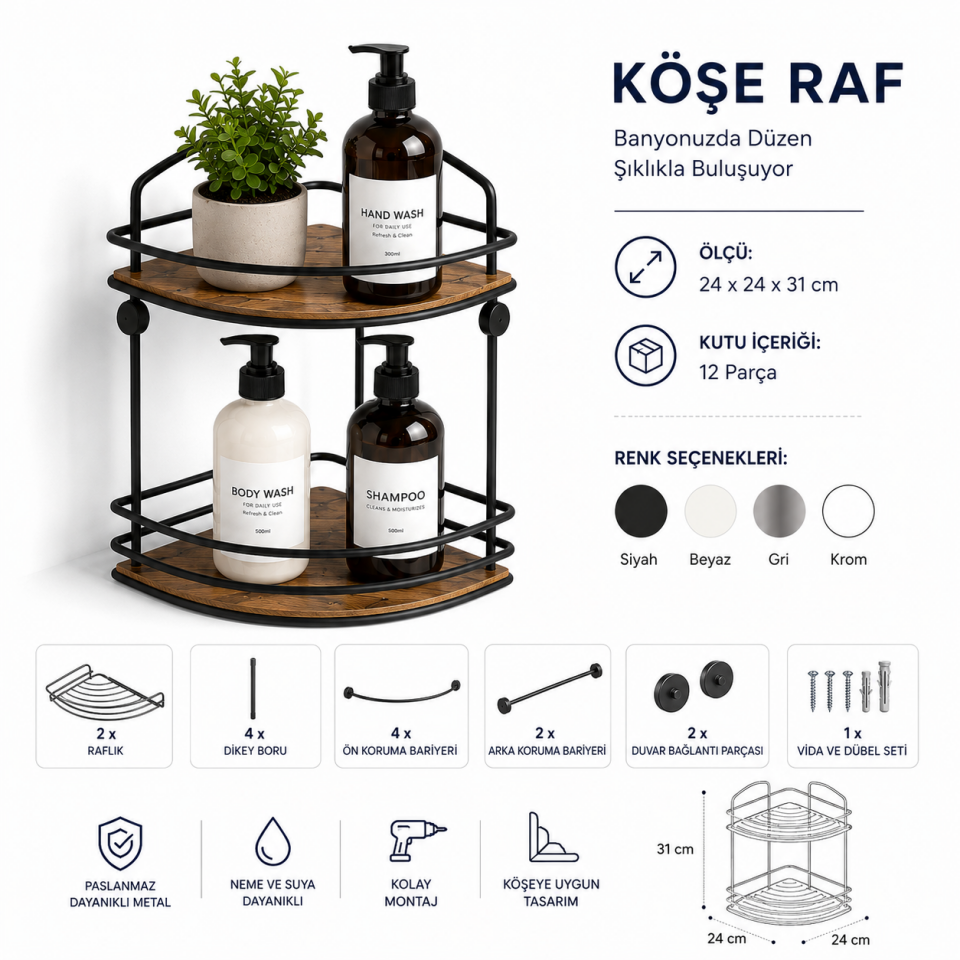 TEKNO-TEL 2 KATLI PLASTİK BANYO KÖŞE RAFI KROM BK-074