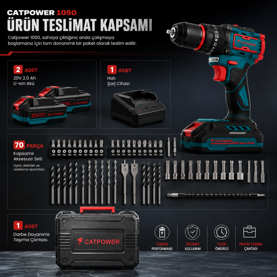 CATPOWER DARBELİ AKÜLÜ VİDALAMA+70 PRÇ AKSE.CAT1050