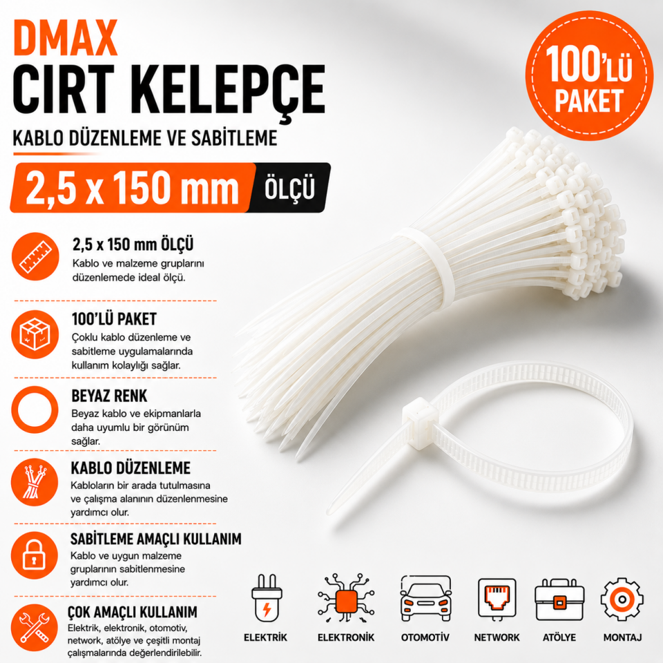 DMAX CIRT KELEPÇE BEYAZ 2,5X150 100 LÜ PKT DMX4283