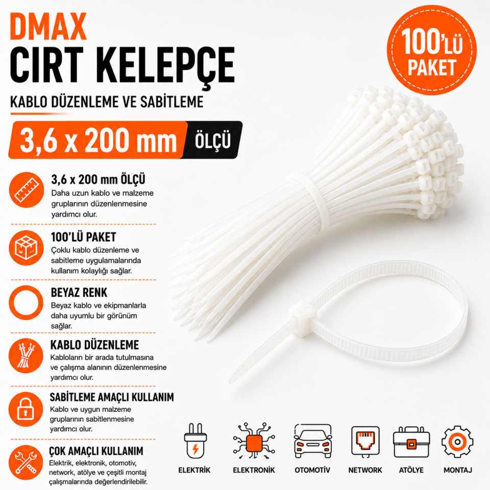 DMAX CIRT KELEPÇE BEYAZ 3,6X200 100 LÜ PKT DMX4286