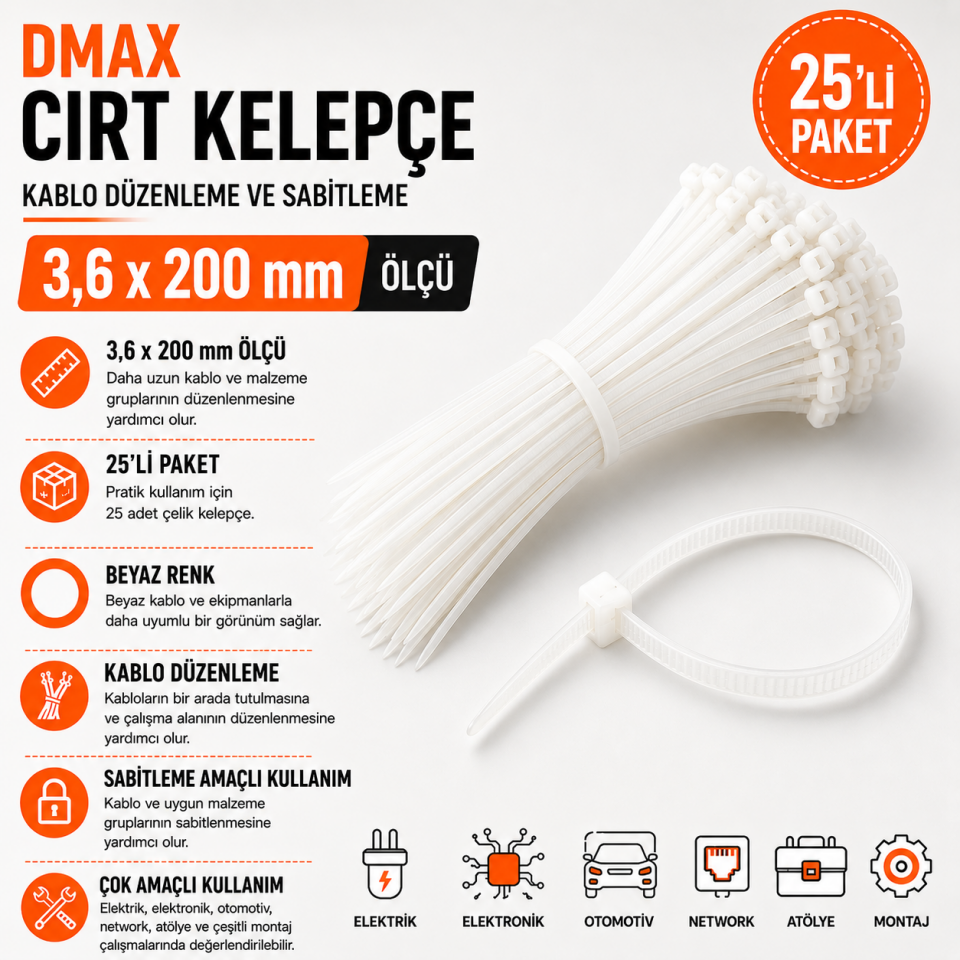 DMAX CIRT KELEPÇE BEYAZ 3,6X200 25 Lİ PKT DMX4314