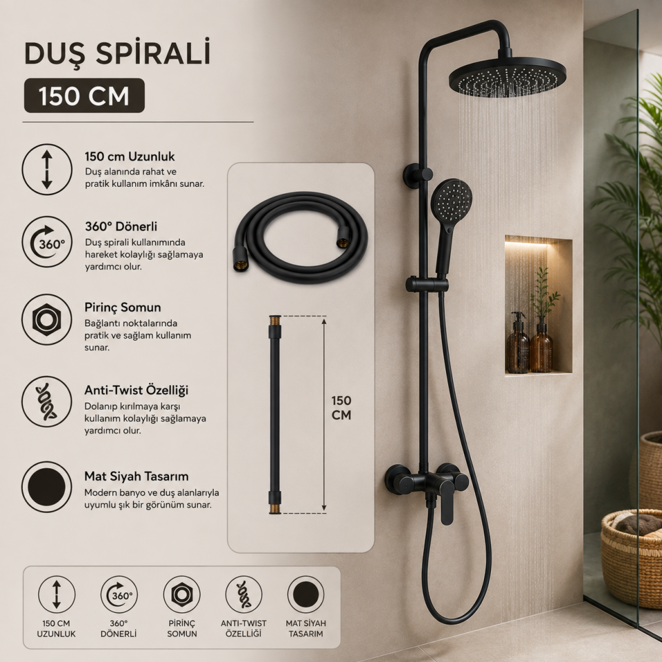 TEMA DUŞ SPİRALİ 150 CM MAT SİYAH 54141-2M