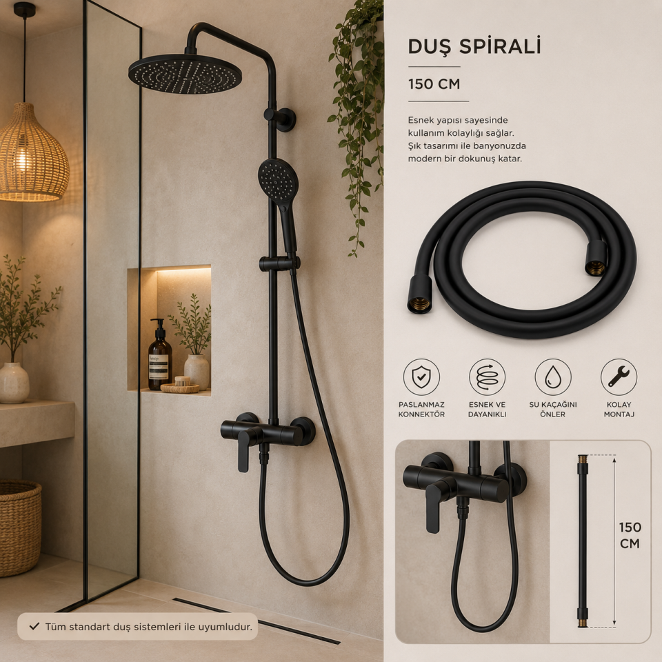 TEMA DUŞ SPİRALİ 150 CM MAT SİYAH 54141-2M