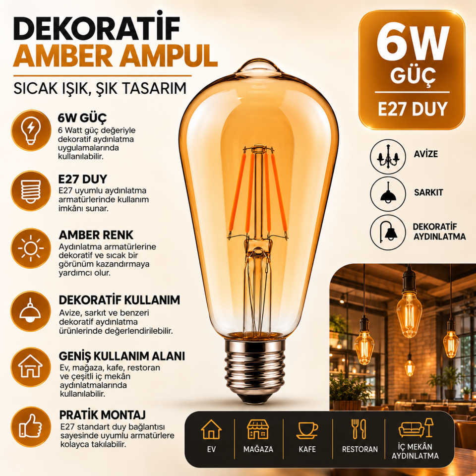 RUTTER AMPÜL 6W E27 AMBER RT-11203