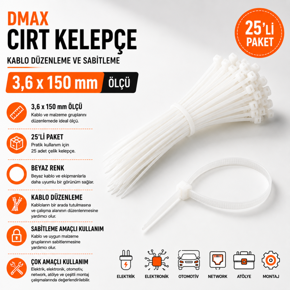 DMAX CIRT KELEPÇE BEYAZ 3,6X150 25 Lİ PKT DMX4313