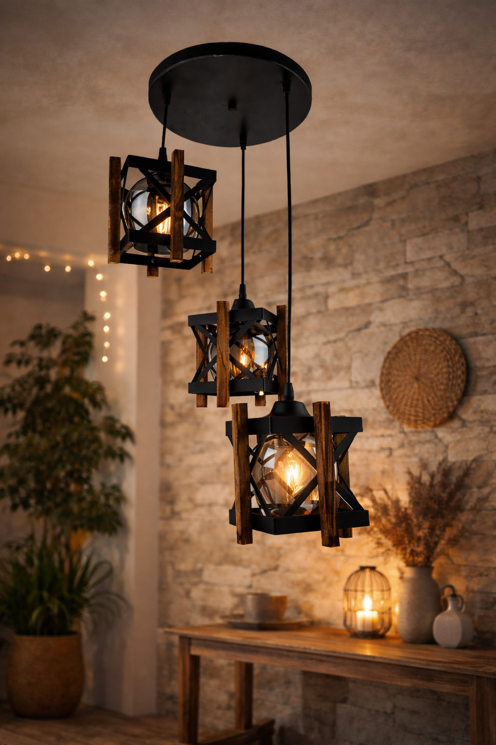 AVİZE AHŞAP 3 LÜ SARKIT SİYAH