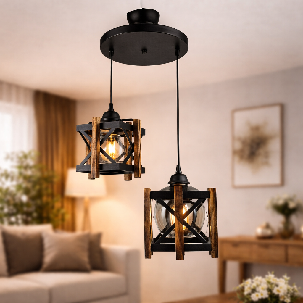 AVİZE AHŞAP 2 Lİ SARKIT SİYAH