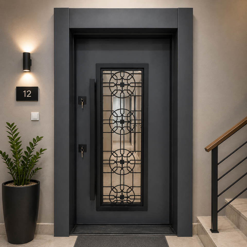 ÇELİK KAPI KAR-DOOR 1813 MODEL LAZER CAMLI ANTRASİT SOL
