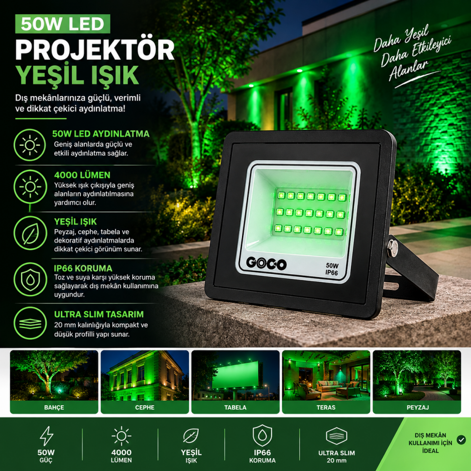 NOAS 50W ULTRA SLİM PROJEKTÖR YEŞİL YL70-1055