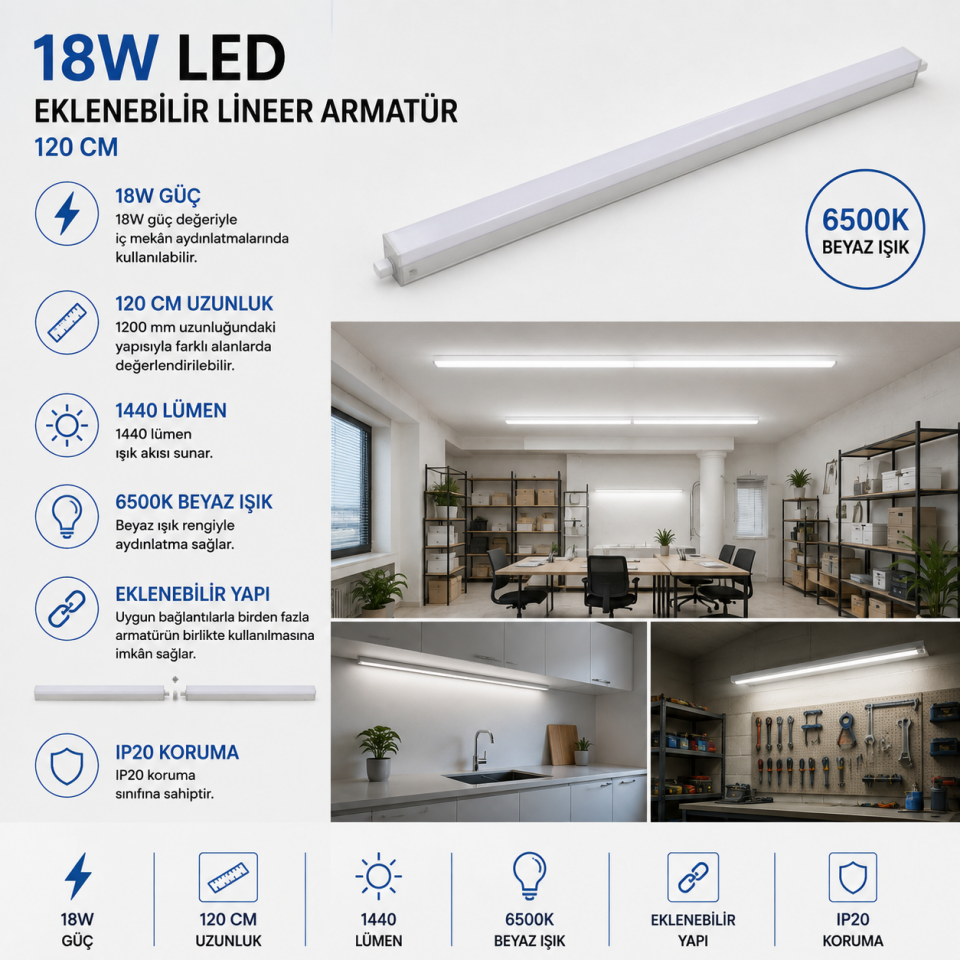NOAS 18W LED T5 EKLENEBİLİR 120 CM BANT ARM.BEYAZ