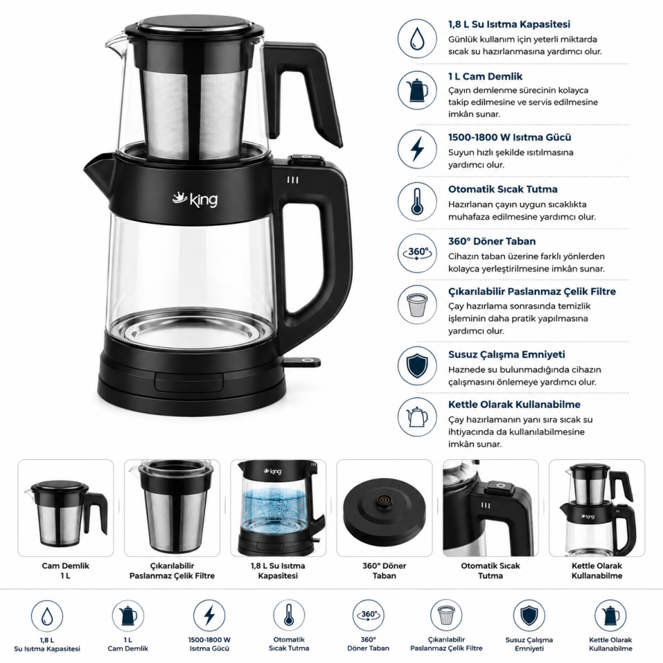 KİNG TEA PRO CAM ÇAY MAKİNESİ SİYAH KMC330