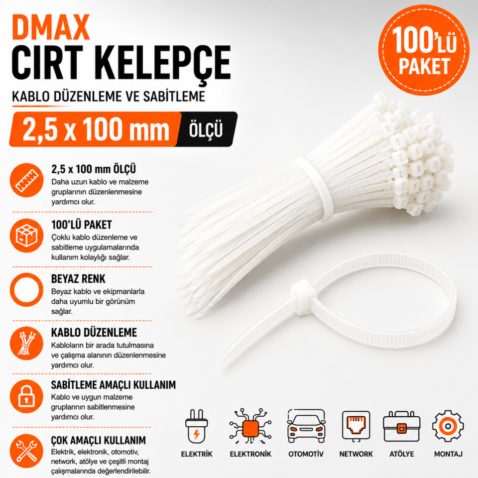 DMAX CIRT KELEPÇE BEYAZ 2,5X100 100 LÜ PKT.DMX4282