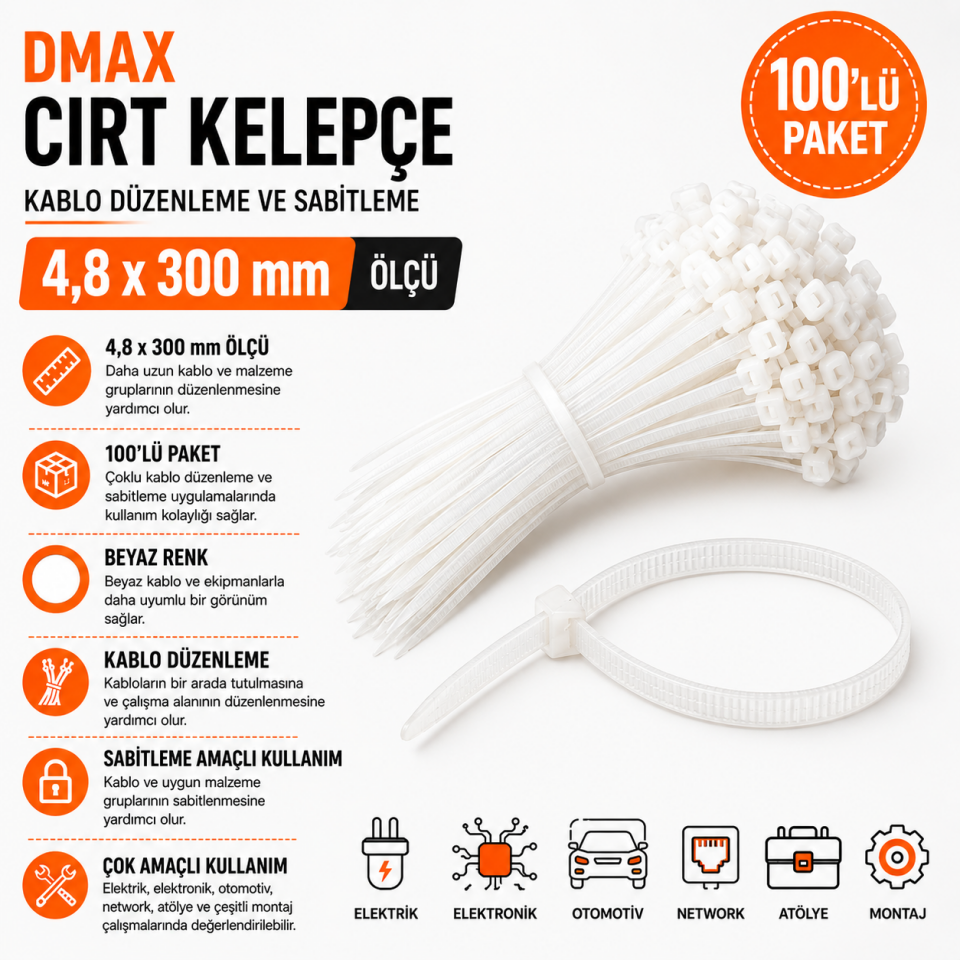 DMAX CIRT KELEPÇE BEYAZ 4,8X300 100 LÜ PKT.DMX4292