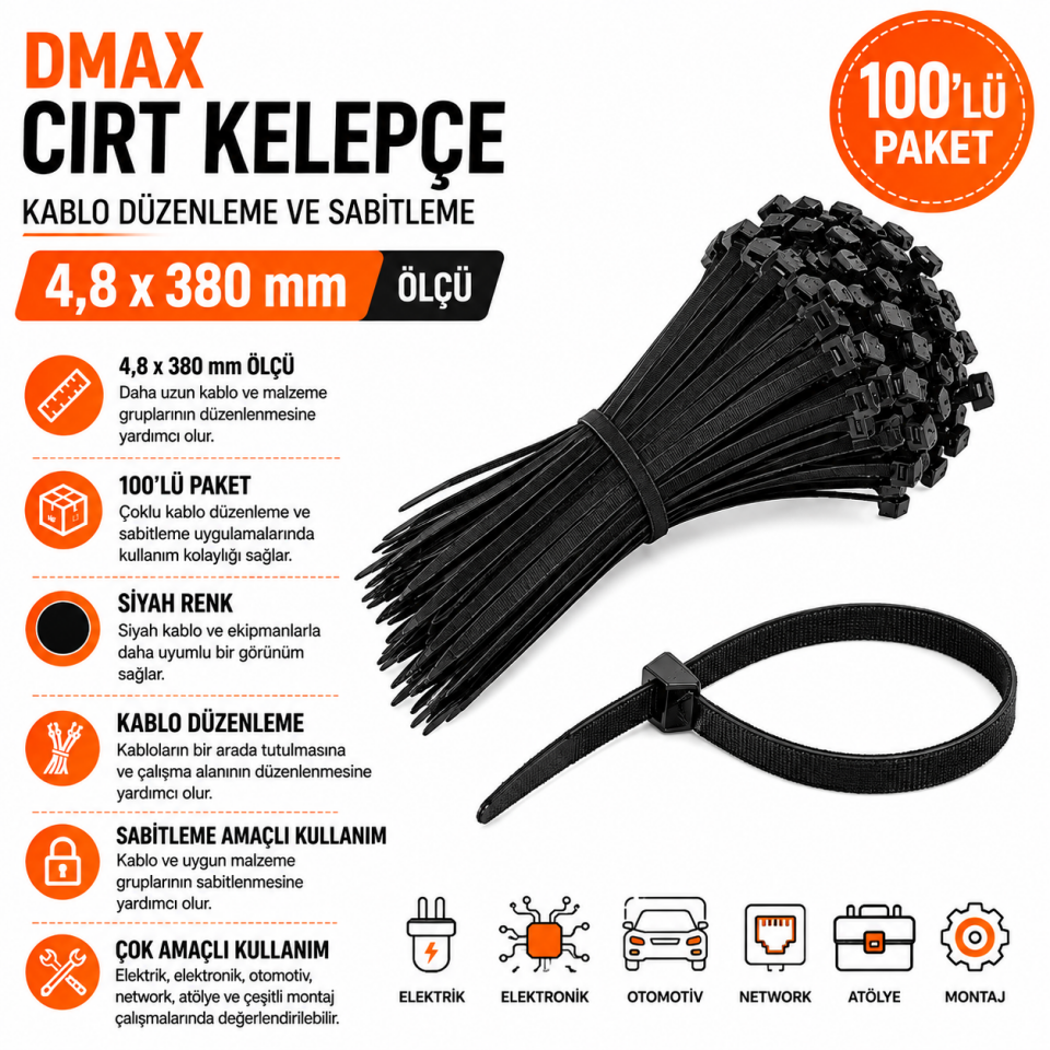 DMAX CIRT KELEPÇE SİYAH 4,8X380 100 LÜ PKT.DMX4307