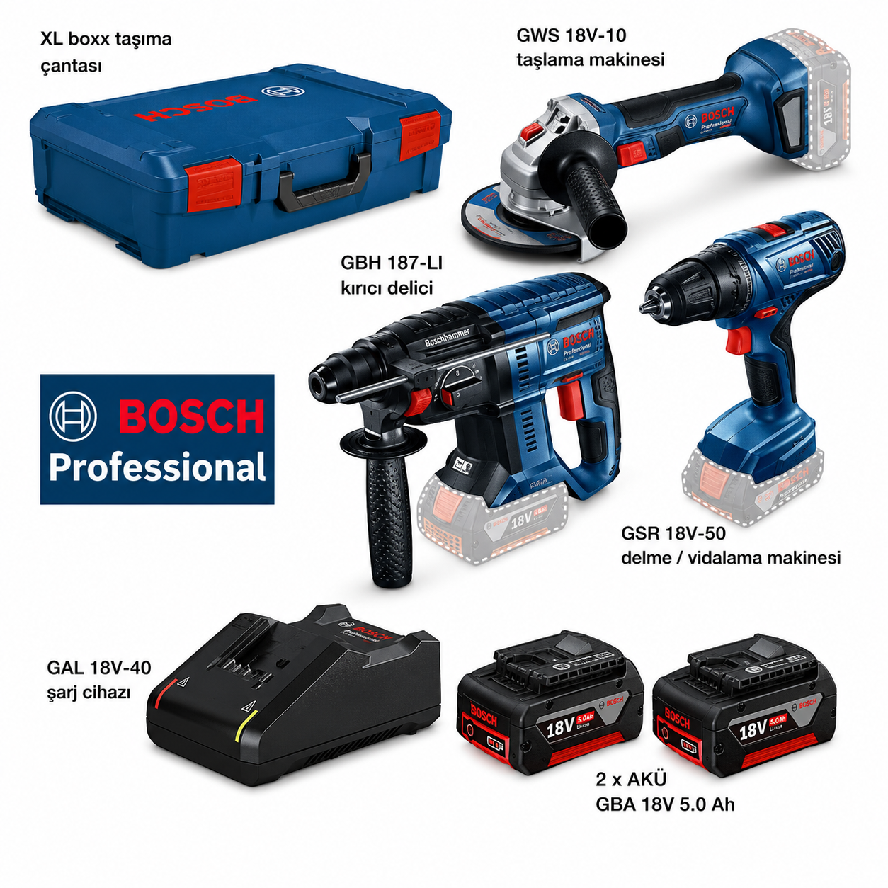 BOSCH 3 LÜ SET GBH 187+GWS 18V-10+GSR 18V-50