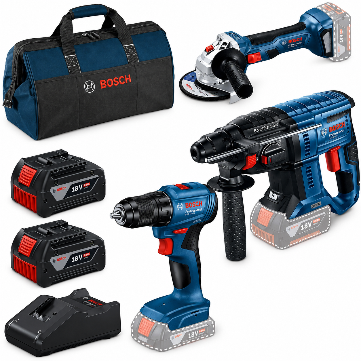 BOSCH 3 LÜ SET GSR 180-GBH 180-GWS 18V-8+2X4.0AH AKÜ SET113