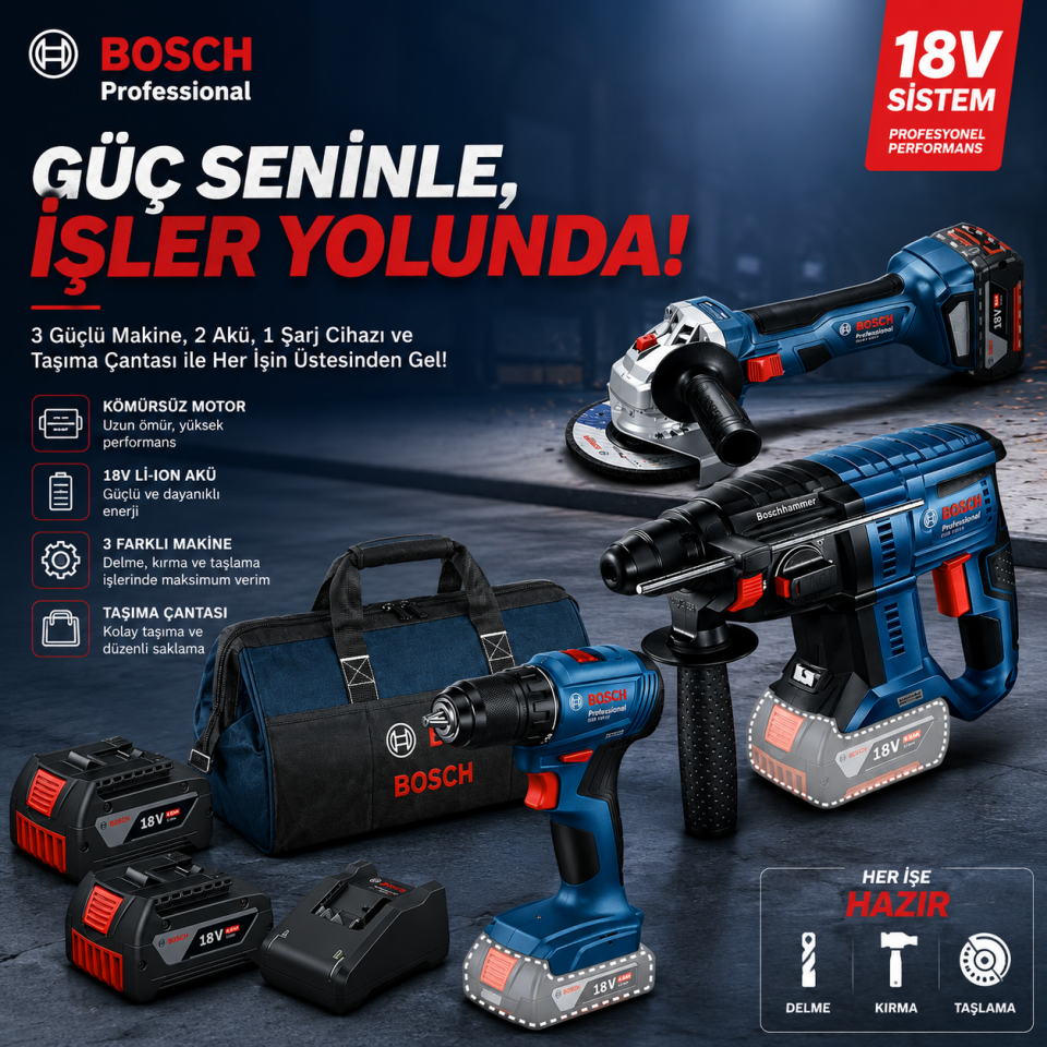 BOSCH 3 LÜ SET GSR 180-GBH 180-GWS 18V-8+2X4.0AH AKÜ SET113