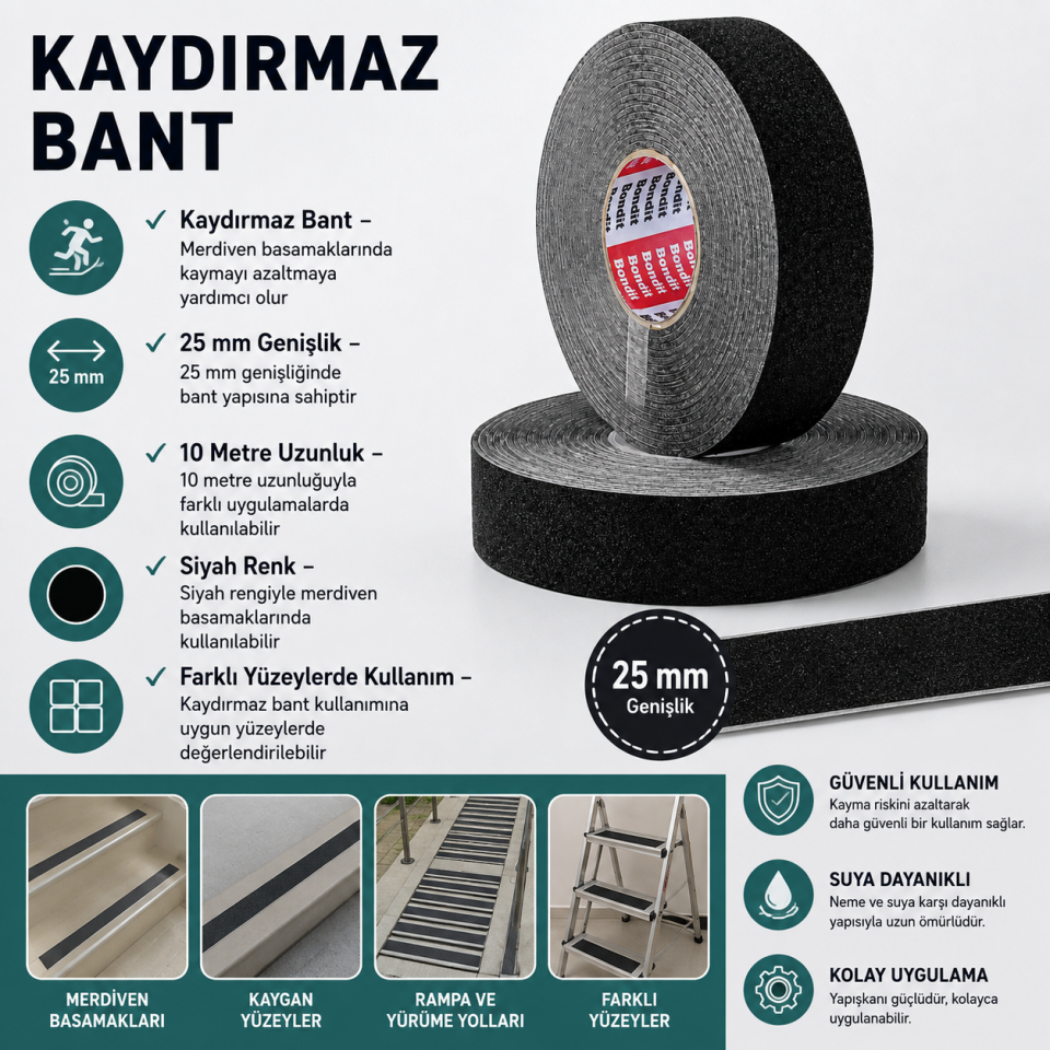 BONDİT MERDİVEN KAYDIRMAZ SİYAH BANT 25MMX10MT