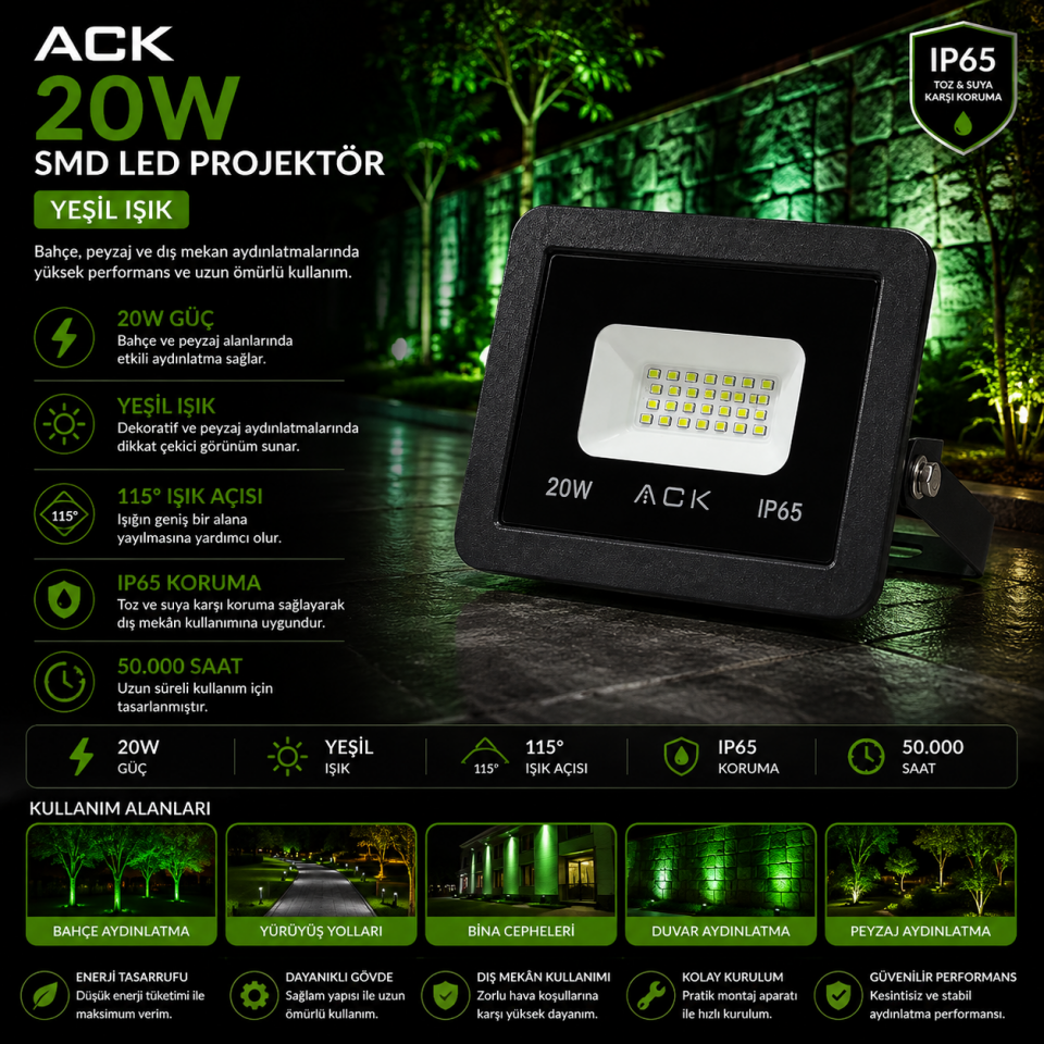 ACK 20W SMD LED PROJEKTÖR YEŞİL AT62-02052