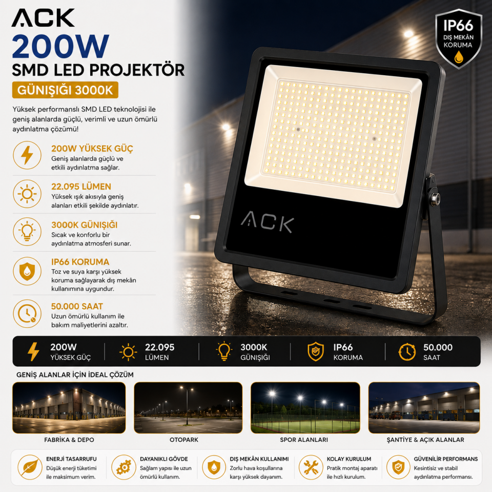 ACK 200W SMD LED PROJEKTÖR GÜNIŞIĞI AT62-19602