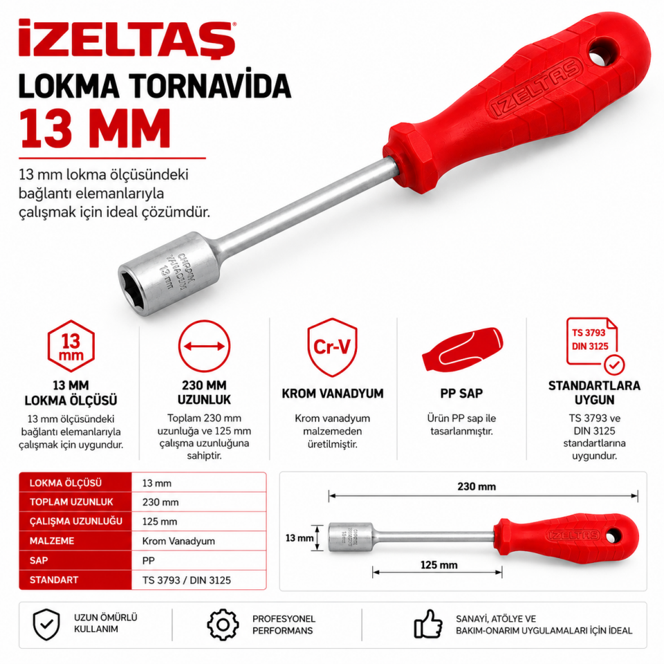 İZELTAŞ 13 MM LOKMA UÇLU TORNAVİDA