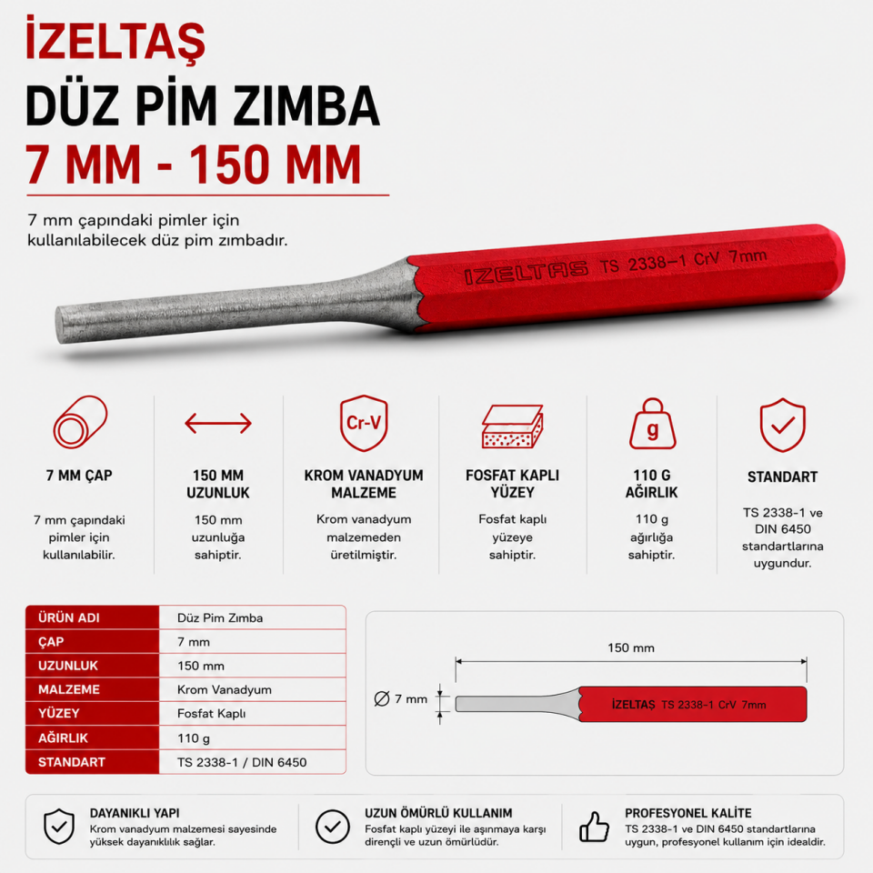 İZELTAŞ DÜZ PİM ZIMBA 7 MM BOYALI