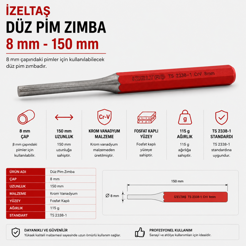 İZELTAŞ DÜZ PİM ZIMBA 8 MM BOYALI