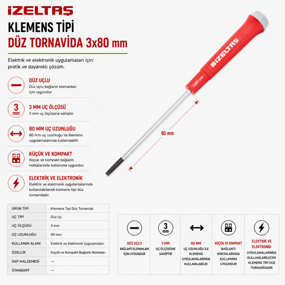 İZELTAŞ 3X80 KLEMENS DÜZ TORNAVİDA