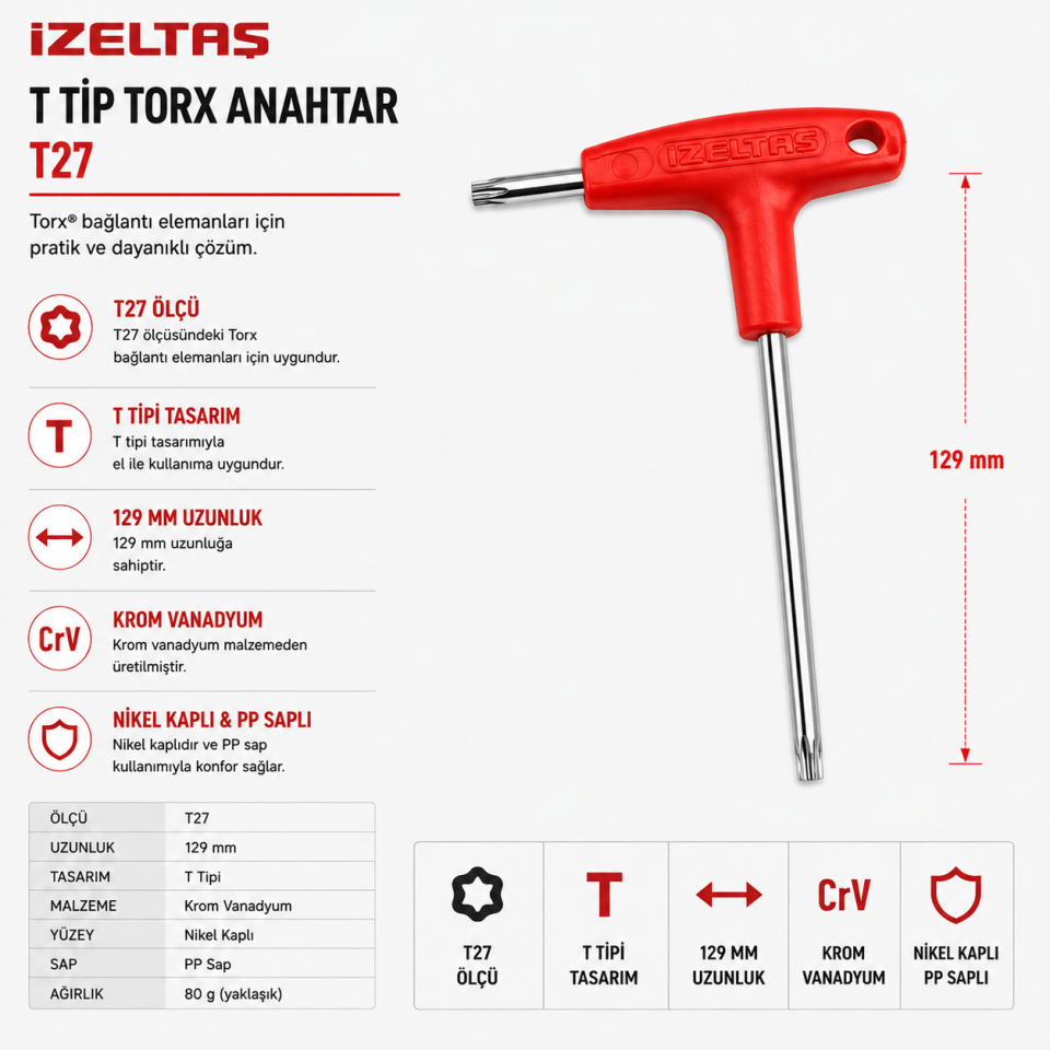 İZELTAŞ T27 T TİPİ TORX ALLEN ANAHTAR