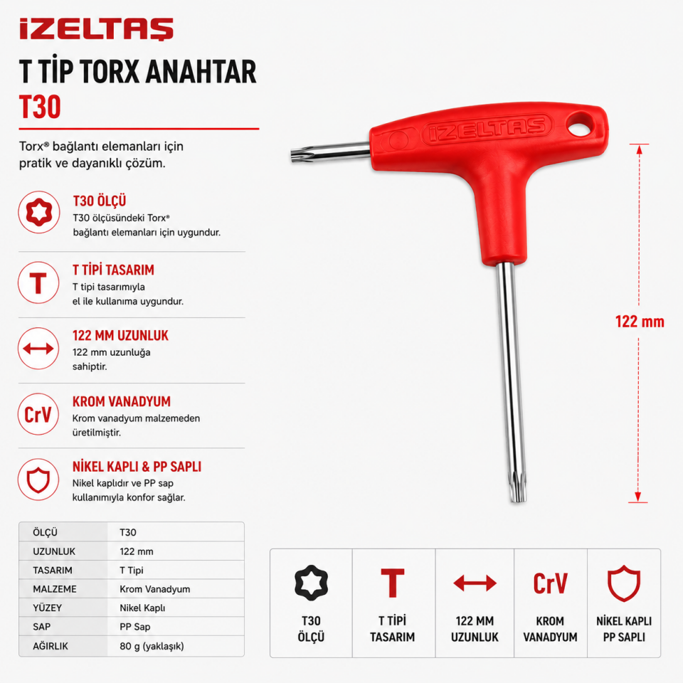 İZELTAŞ T30 T TİPİ TORX ALLEN ANAHTAR