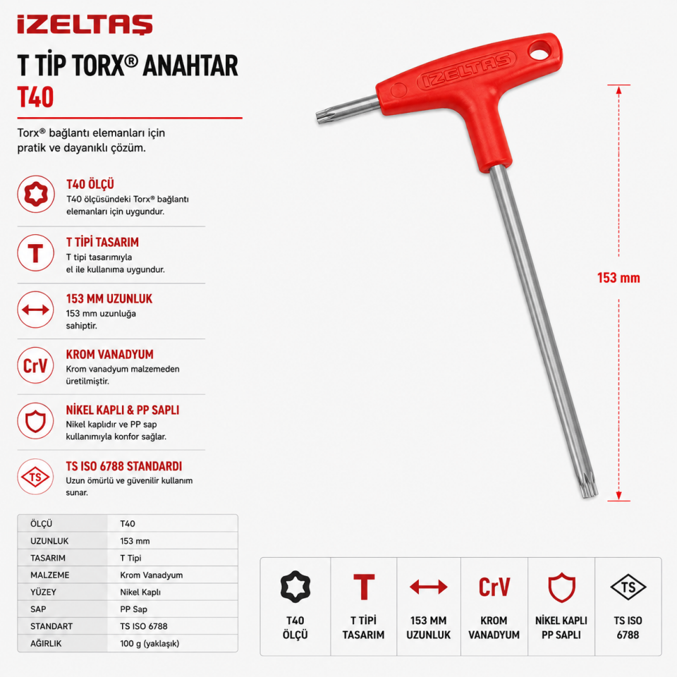 İZELTAŞ T40 T TİPİ TORX ALLEN ANAHTAR