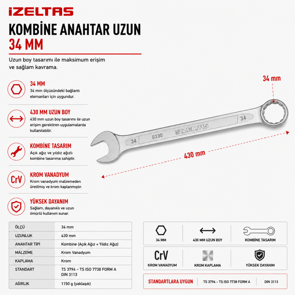 İZELTAŞ KOMBİNE ANAHTAR UZUN 34 MM
